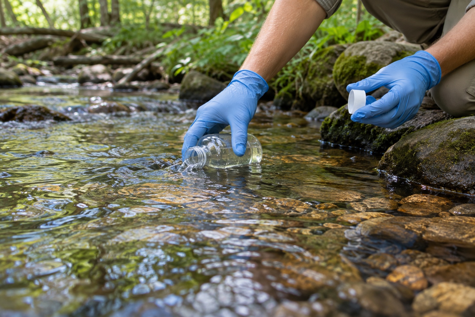 Hands collecting a clean water sample from a stream (illustrative photo)
