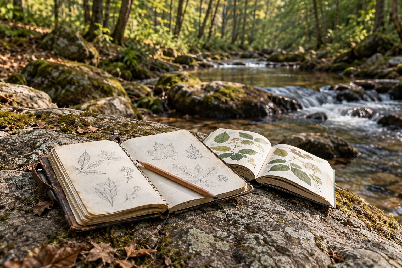 Open notebook and field guide beside a forest stream (illustrative photo)