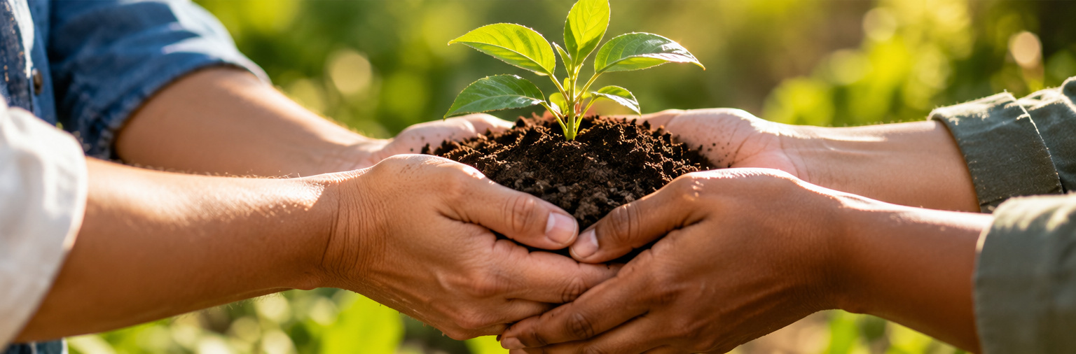 Hands of different ages holding a young seedling together (illustrative photo)